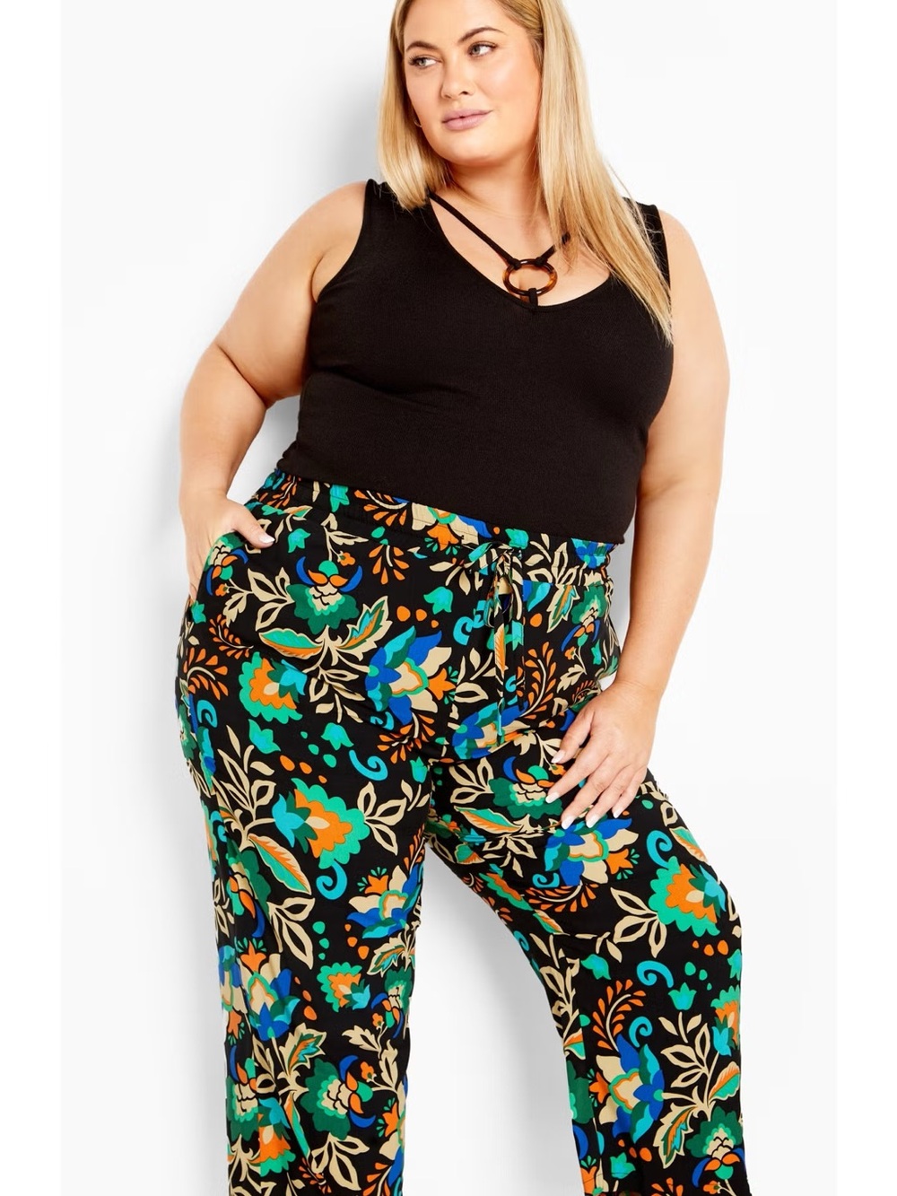 Avenue | Plus-Size Ellie Black Floral Wide-Leg Cropped Pants